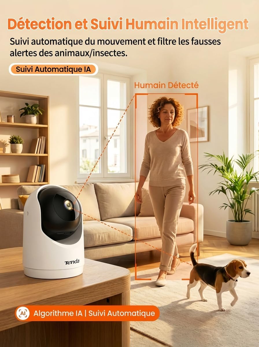 Tenda Caméra Surveillance WiFi Intérieure 2K, WiFi 6 360°
