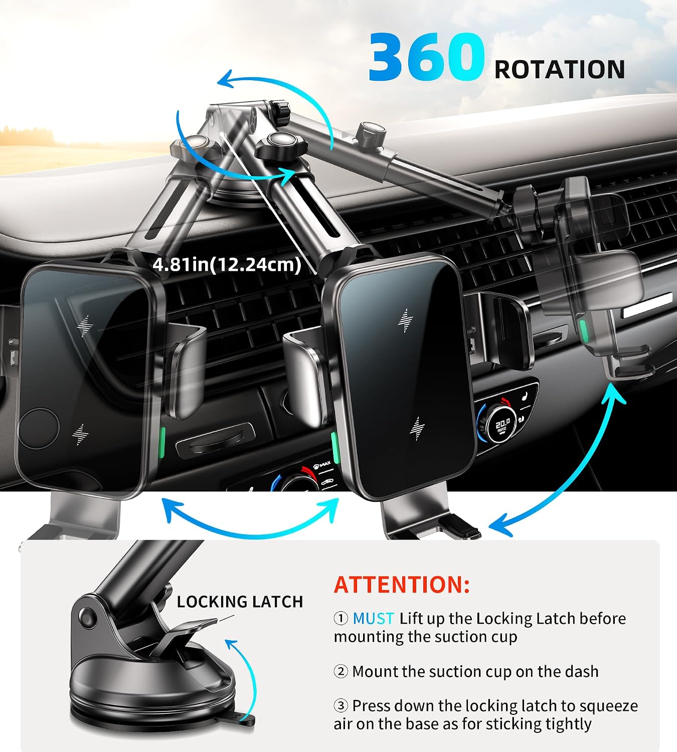 Chargeur sans Fil pour Voiture, Double Bobine 15W Charge Rapide